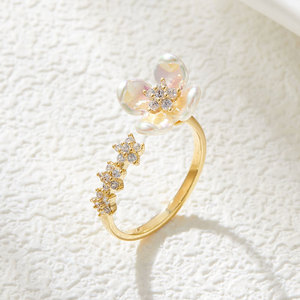My Muyu Flower <b>Open</b> <b>Ring</b> Imitation Shell Micro Pave Zircon Adjustable Index Finger Party Jewelry - Product Image 4