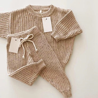 Vente flash - Tenue en coton et élasthanne pour nouveau-nés et enfants - Ensemble haut et pantalon en tricot uni décontracté pour bébé