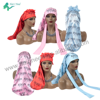 Bonnet long en satin avec logo personnalisé, large bande élastique et attaches extensibles pour tresses, grand bonnet de nuit pour dormir