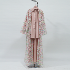 कस्टम पुष्प कढ़ाई खुला बाया सेट दुबाई कार्डिगन मुस्लिम महिलाओं लक्जरी थोक इस्लमिक फीता फूल - Product Image 4