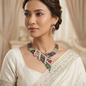 Luxurious Brass Multicolored Gemstone <b>Statement</b> <b>Necklace</b> Elegant CZ Diamond Indian Bridal Fashion Choker Chonky Jewelry - Product Image 2