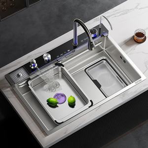 Évier de cuisine intelligent à cuve unique en acier inoxydable 304, grand format, avec cascade intégrée - Product Image 1