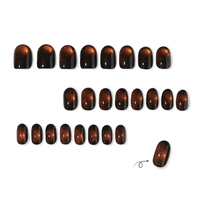 Kuku Akrilik Pendek Buatan Tangan Gaya Musim Gugur Musim Dingin, French Tip Hitam, Oranye Sunset Cat Eye, Glitter Halus, 24 Buah