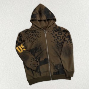 Conjunto Deportivo Personalizado de 2 Piezas con Estampado de Leopardo, Transpirable, de Algodón Grueso, con Parche Bordado y Sudadera con Cremallera, Estilo Retro Urbano - Product Image 2