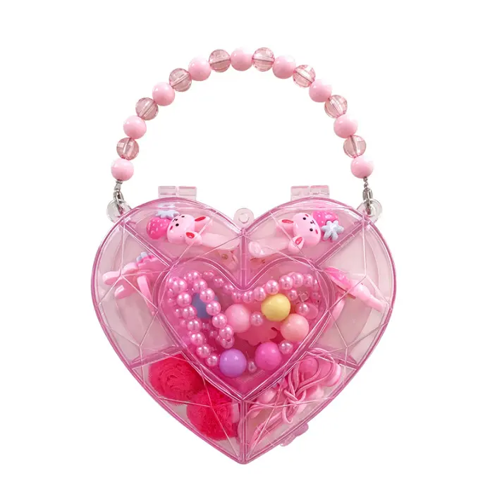 Baby Girls Clear Heart Box Resin Acrylic Beaded Chain Kitties Rabbits Pendant Necklaces Bracelets Rings Jewelries Sets