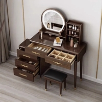 Coiffeuse moderne rétro en bois MDF brun avec miroir éclairé, tiroirs amovibles, grand rangement, meubles de chambre à coucher