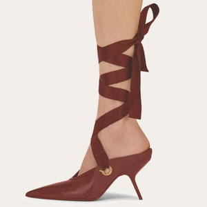 Sandalias de tacón alto personalizadas para mujer con cordones cruzados, punta puntiaguda, tacón de cuña alto, estilo mule, zapatos de vestir - Product Image 6