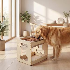 Soporte de madera para comederos de perros y gatos, elevado, de pie, con almacenamiento de madera maciza. - Product Image 1