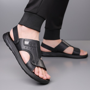 Sandales pour hommes à bride en T en cuir véritable, bout ouvert, semelle en caoutchouc, respirantes, motif uni, décontractées, pour l'extérieur, chaussures d'été avec logo en cuir - Product Image 4