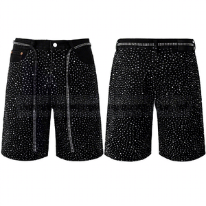Shorts de mezclilla Euro-Americanos de corte recto, estilo Hip-Hop, con incrustaciones de diamantes, lavado medio, de nailon/algodón, novedad 2026 - Product Image 2