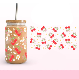 Coquette de cerezas a cuadros azules, lata de vidrio de 16oz con diseño Retro de verano, resistente al agua, UV, DTF, Gingham, Daisy, envoltura, lazo rojo, taza de cereza - Product Image 4