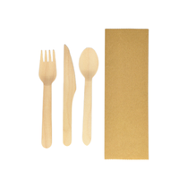 Vente en gros de fourchette cuillère couteau écologique résistant à la chaleur avec serviette en papier couverts jetables boisés en bambou