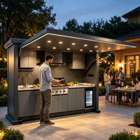 Système de cuisine extérieure ignifuge et écologique avec armoire à porte coulissante et robinet d'évier pour jardin, patio et barbecue