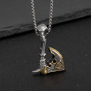 <b>Viking</b> Stainless Steel Gold Plated <b>Axe</b> Pendant Necklace Two Tone With Chain 3mm 60cm Gift For Men - Product Image 3