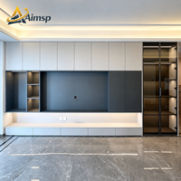 Meuble TV mural sur mesure gris clair anthracite avec étagères LED et vitrine en verre teinté pour salon – Vente directe usine