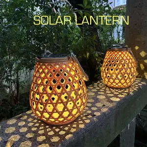 Surya meniru bambu woven lentera luar ruangan halaman suasana lampu lanskap retro genggam lentera gantung