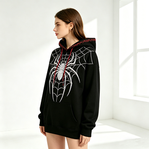 Sudadera con Capucha Estampada de Araña, 410GSM, Algodón Pesado, Capucha con Costuras Rojas, Sudadera Oversize Estilo Urbano, Sudadera Pesada - Product Image 2