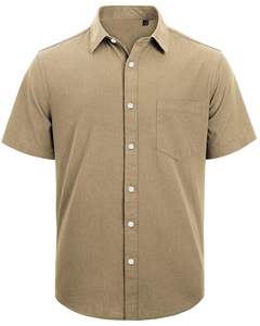 Vente en gros de chemises de plage en coton et lin respirantes pour hommes, hauts de vacances décontractés boutonnés à manches courtes - Product Image 3