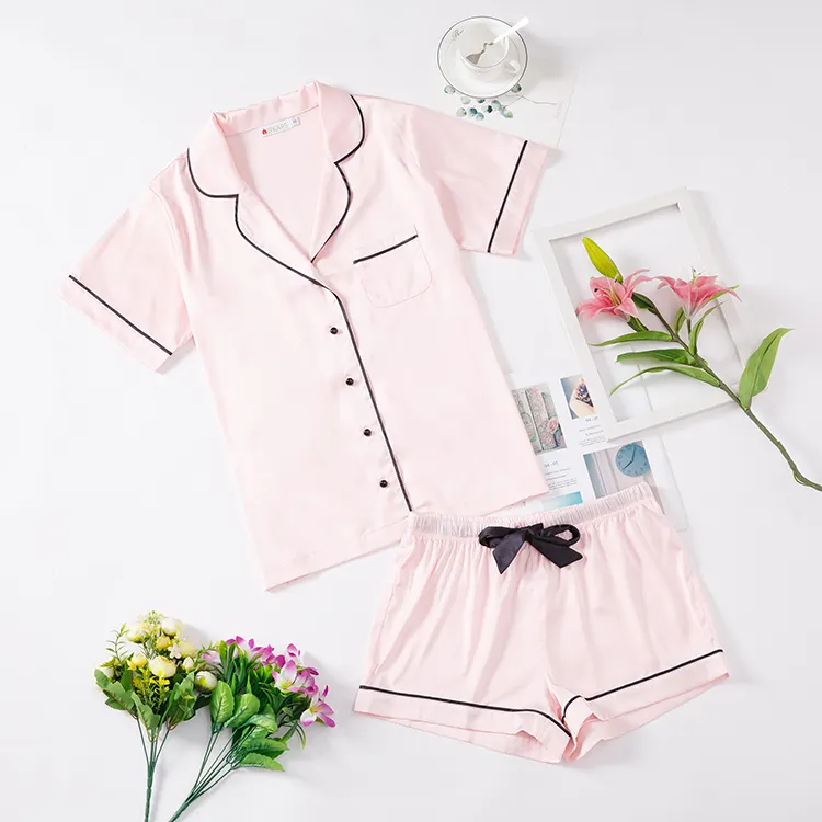 Pijama corto de verano para mujer, ropa de dormir y solapa con cintura elástica, venta al por mayor
