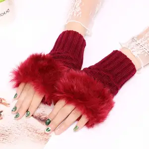 Faux Rabbit Fur Mittens Women Gloves Knitted Arm Fingerless Warmer Winter Knitted Gloves