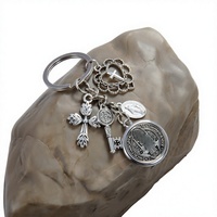 Porte-clés religieux en alliage d'argent avec pendentif croix médaille, pour sac et téléphone