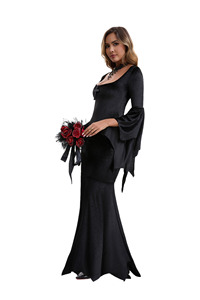 Costume de sorcière d'Halloween pour femmes adultes, robe longue gothique noire, manches cloche, costume de cosplay, tenue de scène pour performance - Product Image 3