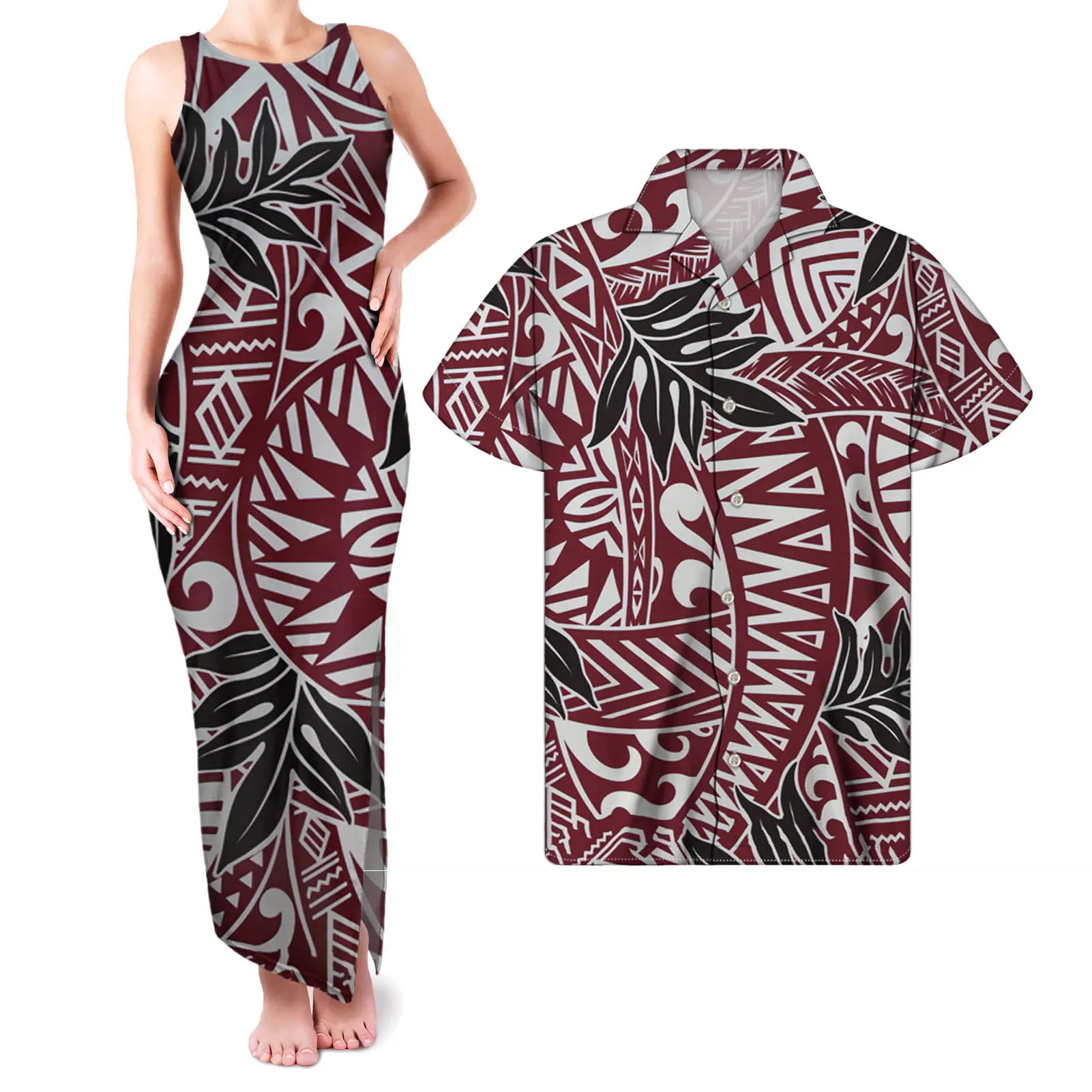 Couple Polynesian Clothing Womens Evening Dress Samoa Tribal Red & Black Style With Hibiscus New Dress Styles Women Sleeveless