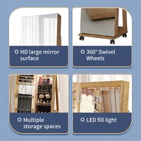 Armoire de rangement pour bijoux sur pied avec éclairage LED, verrouillable, miroir rotatif pleine longueur avec 4 roulettes