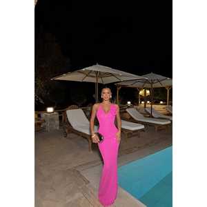 Robe de soirée longue de style princesse avec détails en rose fuchsia, robe de bal avec paillettes et perles, taille empire, longueur longue, motif princesse, tailles ODM XS XL - Product Image 2
