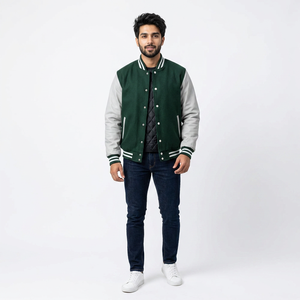 Custom New Arrival <b>Men's</b> Cotton Sleeve Stand Collar Embroidered Front Logo Breathable Winter Casual Baseball Varsity <b>Jacket</b> - Product Image 1