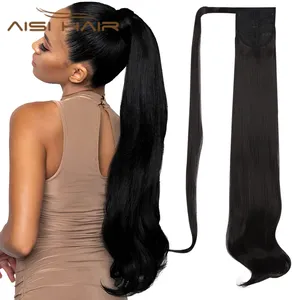 Aisi头发包裹合成马尾夹在天然黑色2色长直波浪尾巴假发上，适合黑色女性