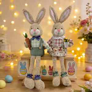 Conejitos de Pascua de Peluche, Pareja de Conejos de Dibujos Animados, Adorno para Estante, Figura de Conejo con Maceta de Zanahoria, Decoración de Primavera para el Hogar, Personalizado - Product Image 3