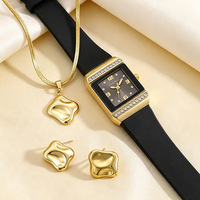 Conjunto de Reloj de Moda para Mujer con Caja Cuadrada de Aleación de 33 mm, Bisel con Pedrería, Joyería de Acero Inoxidable