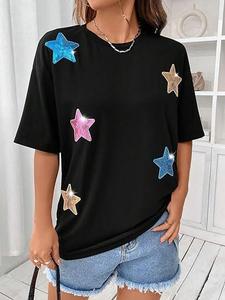 T-Shirt nere da donna di nuovo arrivo su tutto con <span class=keywords><strong>paillettes</strong></span> ricamate a maniche corte con scollo rotondo con motivo a stelle e <span class=keywords><strong>paillettes</strong></span> personalizzate t-Shirt - Product Image 4