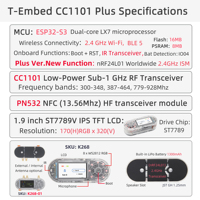LILYGO T-Embed CC1101 Plus ESP32-S3+ Multi-communications sans fil NRF24L01 Récepteur RF Écran IPS 1,9 pouces + Émetteur-récepteur IR + NFC