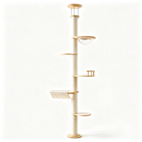Arbre à chat en pin réglable de 260 cm du sol au plafond avec hamac, capsule acrylique, perchoir à balustrade et poteaux à gratter en sisal pour plusieurs chats