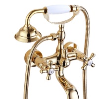 Robinet de bain antique européen en gros avec pomme de douche dorée simple, ensemble de salle de bain rétro mural, robinet à poignée unique en laiton, jet doux