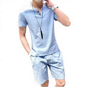 Novedades Verano 2026, Conjunto de Camiseta y Pantalones Cortos de Lino y Algodón Transpirable para Hombre - Product Image 1