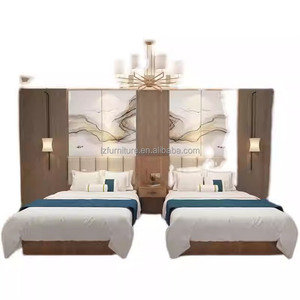 Economical Commercial Hotel Bedroom Furniture Set Solid Wood Bed with Upholstered Headboard Nightstands TV Cabinet & <b>Wardrobe</b> - Product Image 2