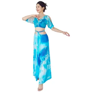 Sexy V-neck Tie dye colored Open Shoulder Top Skirt Performance Costumes For Women Dance outfit