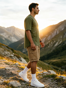 Ensemble décontracté streetwear pour homme, composé d'un t-shirt à col en V à imprimé géométrique vert armée et d'un short cargo kaki - Product Image 3