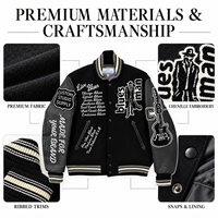 Blouson Bomber Varsity Noir Personnalisé pour Hommes, Thème Musical, Patchs Appliqués en Chenille, Manches en Cuir pour Marques Européennes de Vêtements Masculins