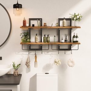 Étagères murales <span class=keywords><strong>de</strong></span> cuisine rustiques en bois à 2 niveaux, support <span class=keywords><strong>de</strong></span> rangement mural industriel flottant avec 6 crochets pour organiser les ustensiles - Product Image 5
