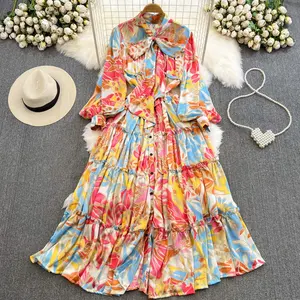 Women Loose Lantern Sleeve Bow Tie a-line Printed Elegant Dresses