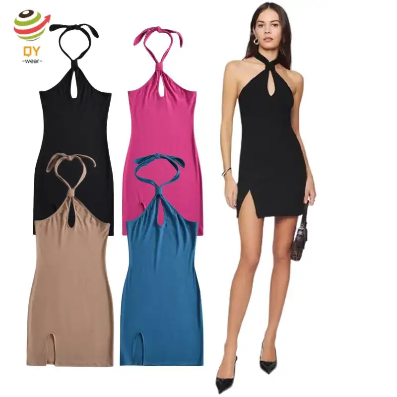 QY913 2024 नई समर सेक्सी बैकलेस पार्टी हॉलिडे स्प्लिट बॉटम वन स्टेप मिनी ड्रेस महिलाओं के लिए शॉर्ट ड्रेस
