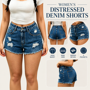 Short en jean déchiré taille haute pour femme, décontracté, été, bleu, en coton, avec ourlet effiloché et détails troués - Product Image 4