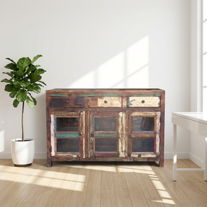 <b>Vintage</b> Recycled Indian Solid Wood Dining Storage Sideboards with Glass Door and 3 <b>Drawers</b> Handcrafted For Hotel Room Farmhouse - Product Image 4