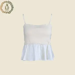 Kd Dệt Kim Nhà Sản Xuất Tùy Chỉnh OEM ODM Mùa Hè Mới Đến Dệt Kim Crop Top Với Patched Frill HEM Của Phụ Nữ Tank Tops