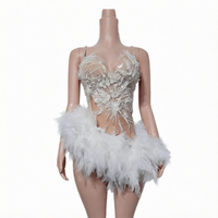 Robe de danse latine pour femmes avec plumes et strass blancs, bretelles spaghetti, maille transparente, costume de compétition de salsa et de tango