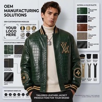 Veste universitaire en cuir pour homme, OEM, vert brillant, col côtelé, broderie chenille, personnalisée, en peau de mouton gaufrée façon croco